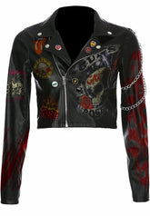 Women’s Punk Rock Leather Jacket – Guns N’ Roses Patches, Silver Chain Detail, Brando Fit with Badges, Custom Handmade Styling
